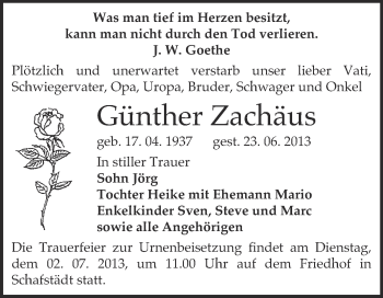 Traueranzeige von Günther Zachäus von Super Sonntag Merseburg