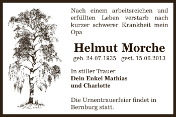 Traueranzeige von Helmut Morche von Super Sonntag Bernburg