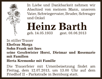 Traueranzeige von Heinz Barth von Super Sonntag Bernburg