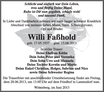 Traueranzeige von Willi Faßhold von Super Sonntag Wittenberg