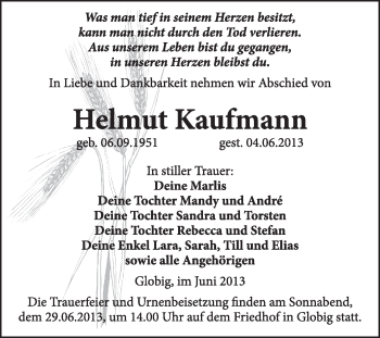 Traueranzeige von Helmut Kaufmann von WVG - Wochenspiegel Wittenberg