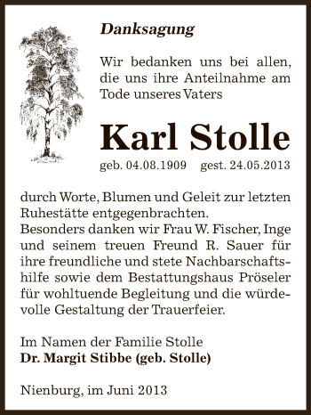 Traueranzeige von Karl Stolle von Super Sonntag Bernburg
