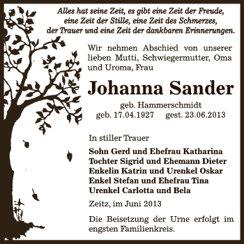 Traueranzeige von Johanna Sander von Super Sonntag Zeitz