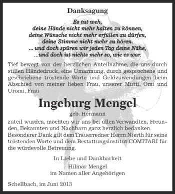 Traueranzeige von Ingeburg Mengel von Super Sonntag Zeitz