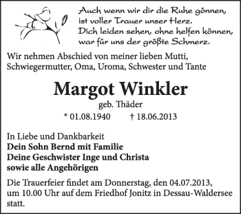 Traueranzeige von Margot Winkler von Super Sonntag Dessau / Köthen