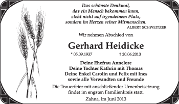 Traueranzeige von Gerhard Heidicke von Super Sonntag Wittenberg