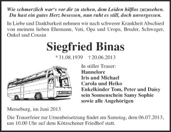 Traueranzeige von Siegfried Binas von WVG - Wochenspiegel Merseburg