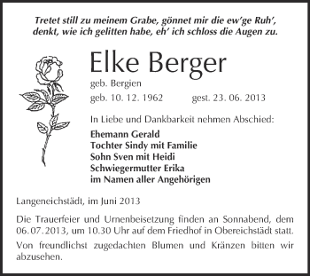 Traueranzeige von Elke Berger von WVG - Wochenspiegel Merseburg