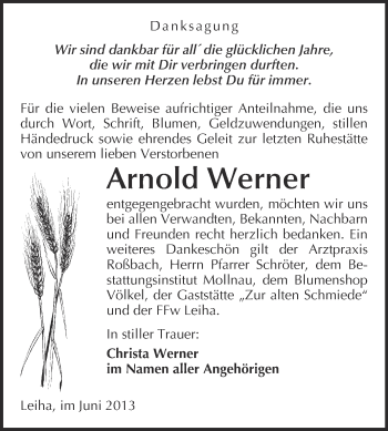 Traueranzeige von Arnold Werner von WVG - Wochenspiegel Merseburg