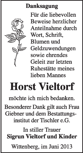 Traueranzeige von Horst Vieltorf von Super Sonntag Wittenberg