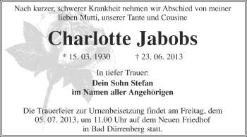 Traueranzeige von Charlotte Jabobs von Super Sonntag Merseburg