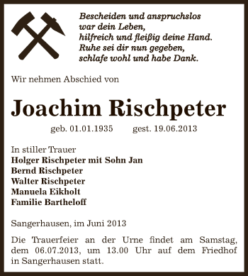 Traueranzeige von Joachim Rischpeter von Super Sonntag SGH Mansf. Land