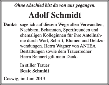 Traueranzeige von Adolf Schmidt von Super Sonntag Wittenberg