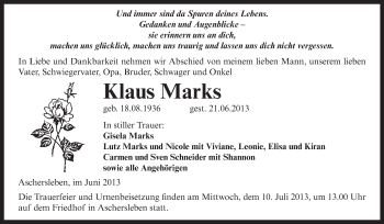 Traueranzeige von Klaus Marks von Super Sonntag Aschersleben