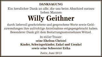 Traueranzeige von Willy Geithner von Super Sonntag Zeitz