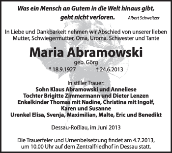 Traueranzeige von Maria Abramowski von Super Sonntag Dessau / Köthen