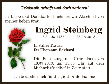 Traueranzeige von Ingrid Steinberg von Super Sonntag Zeitz