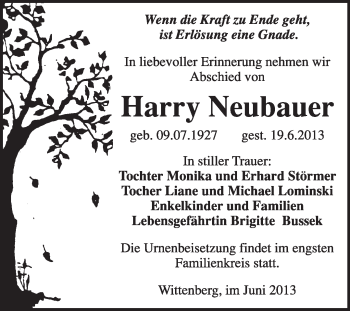 Traueranzeige von Harry Neubauer von Super Sonntag Wittenberg