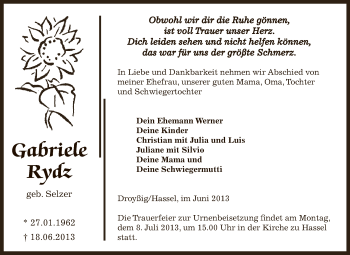 Traueranzeige von Gabriele Rydz von Super Sonntag Zeitz