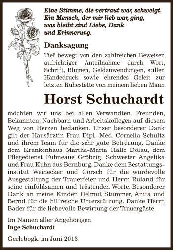Traueranzeige von Horst Schuchardt von Super Sonntag Bernburg