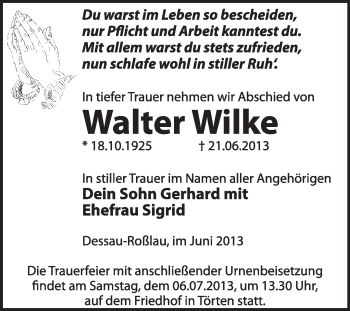 Traueranzeige von Walter Wilke von Super Sonntag Dessau / Köthen