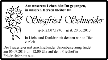 Traueranzeige von Siegfried Schneider von Super Sonntag Quedlinburg