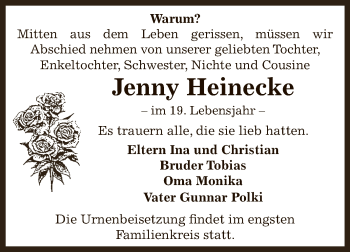 Traueranzeige von Jenny Heinecke von Super Sonntag Bernburg