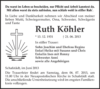 Traueranzeige von Ruth Köhler von WVG - Wochenspiegel Merseburg