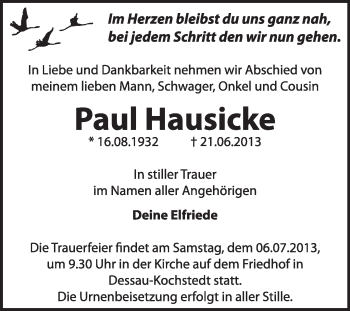 Traueranzeige von Paul Hausicke von Super Sonntag Dessau / Köthen