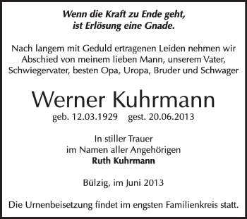 Traueranzeige von Werner Kuhrmann von WVG - Wochenspiegel Wittenberg