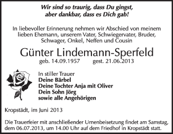 Traueranzeige von Günter Lindemann-Sperfeld von WVG - Wochenspiegel Wittenberg