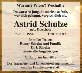 Traueranzeige von Astrid Schulze von Super Sonntag Dessau / Köthen