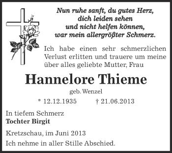 Traueranzeige von Hannelore Thieme von Super Sonntag Zeitz