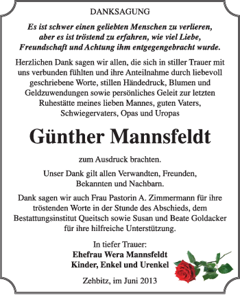 Traueranzeige von Günther Mannsfeldt von Super Sonntag Dessau / Köthen