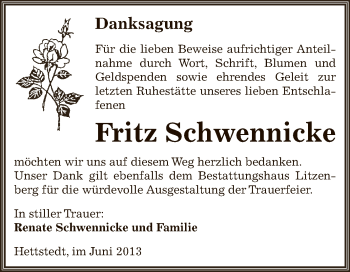 Traueranzeige von Fritz Schwennicke von Super Sonntag SGH Mansf. Land