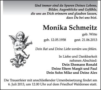 Traueranzeige von Monika Schmeitz von Super Sonntag Dessau / Köthen