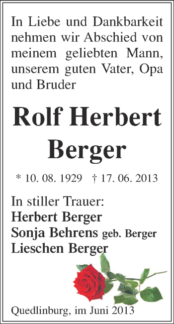 Traueranzeige von Rolf Herbert Berger von WVG - Wochenspiegel Quedlinburg