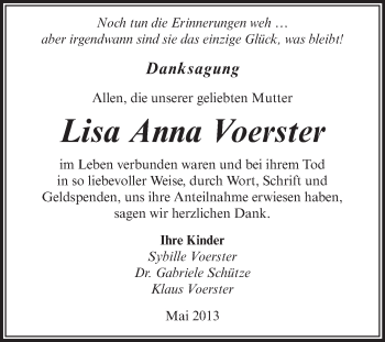 Traueranzeige von Lisa Anna Voerster von Super Sonntag Aschersleben