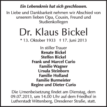 Traueranzeige von Klaus Bickel von WVG - Wochenspiegel Wittenberg