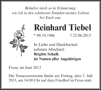 Traueranzeige von Reinhard Tiebel von Super Sonntag Aschersleben
