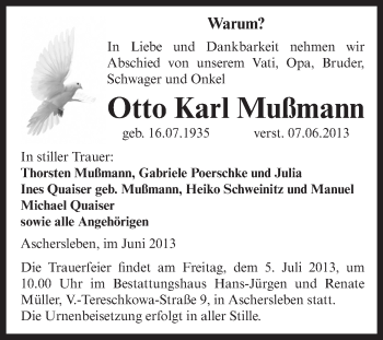 Traueranzeige von Otto Karl Mußmann von Super Sonntag Aschersleben