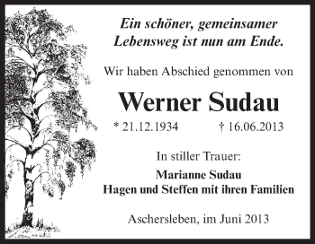 Traueranzeige von Werner Sudau von Super Sonntag Aschersleben