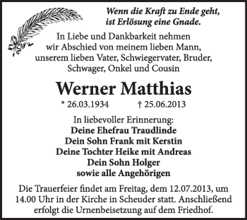Traueranzeige von Werner Matthias von Super Sonntag Dessau / Köthen