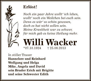 Traueranzeige von Willi Wacker von Super Sonntag Zeitz