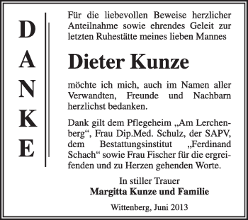 Traueranzeige von Dieter Kunze von Super Sonntag Wittenberg