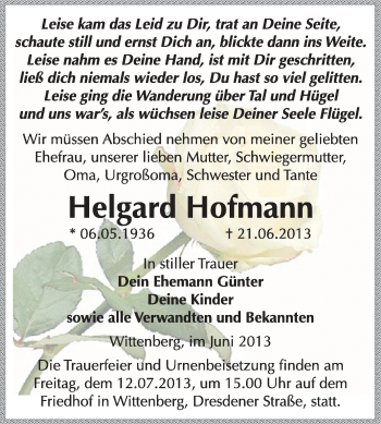 Traueranzeige von Helgard Hofmann von WVG - Wochenspiegel Wittenberg