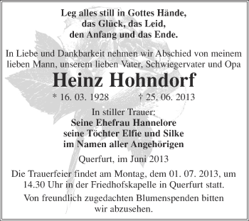 Traueranzeige von Heinz Hohndorf von WVG - Wochenspiegel Merseburg