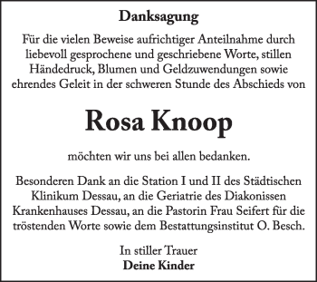 Traueranzeige von Rosa Knoop von Super Sonntag Dessau / Köthen
