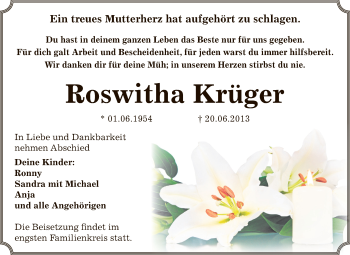 Traueranzeige von Roswitha Krüger von Super Sonntag Bernburg