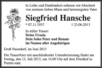 Traueranzeige von Siegfried Hansche von WVG - Wochenspiegel Wittenberg